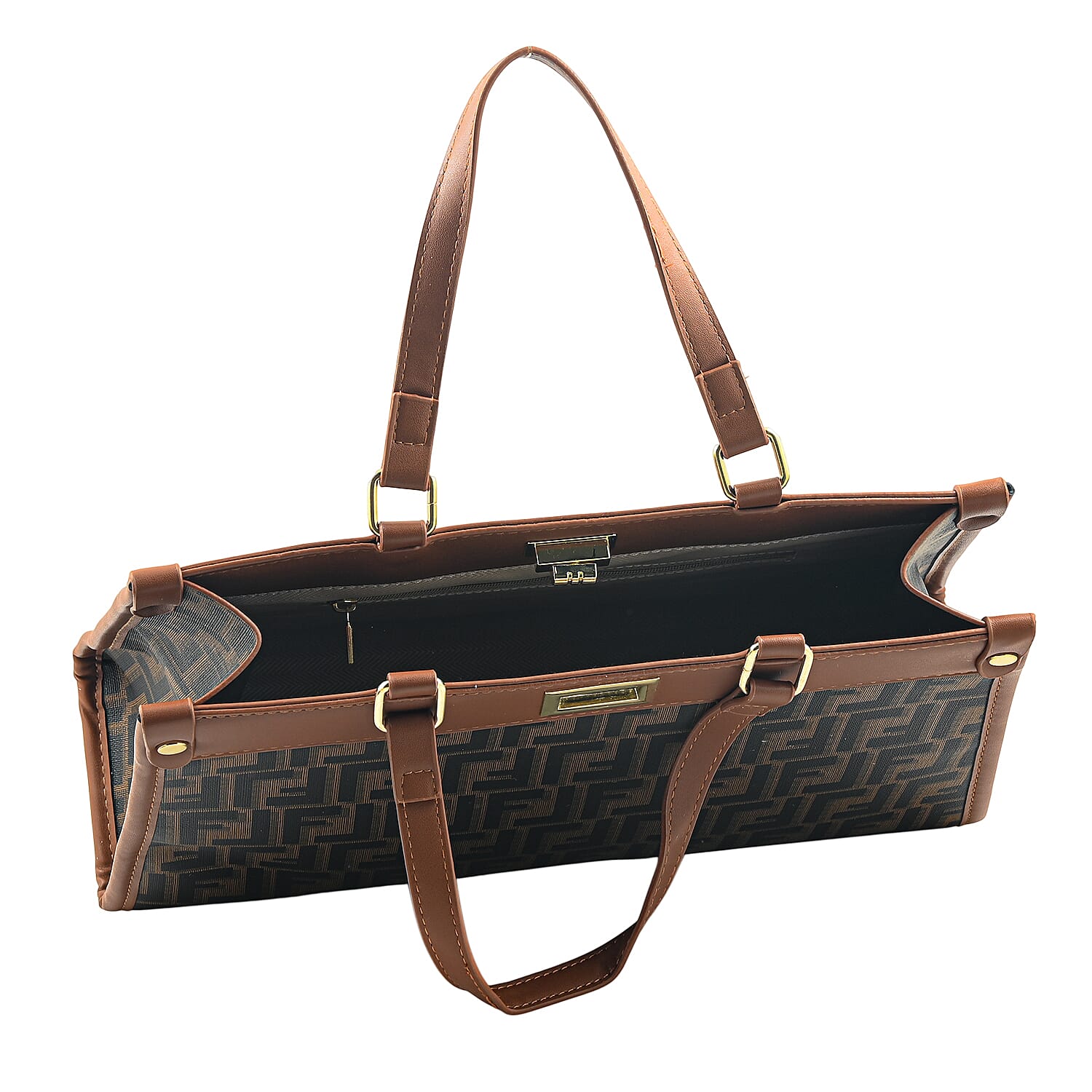 La Marey Gray with F Letter Print Faux Leather and Polyester Tote Bag with Small Pouch