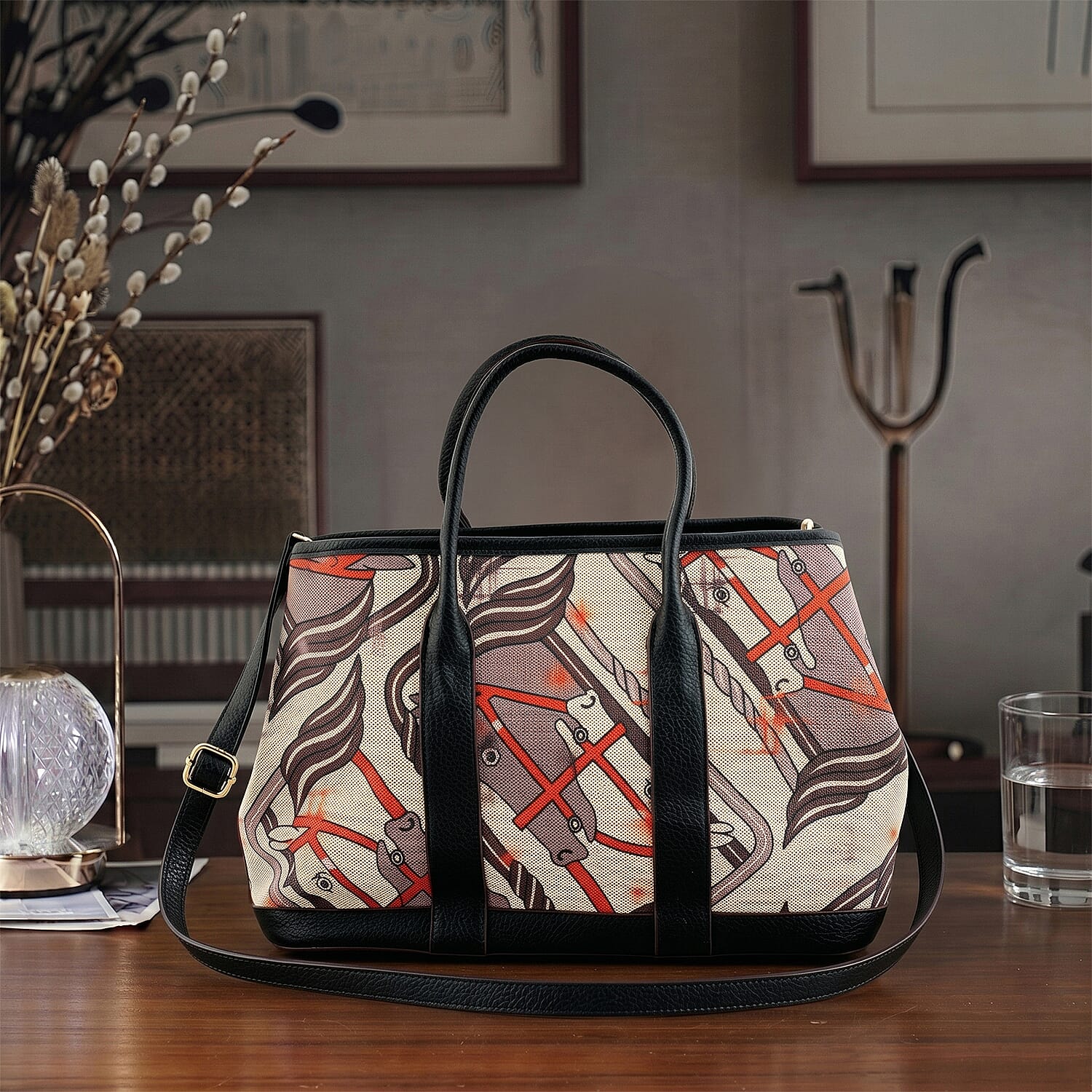 La Marey Black with Gray Pattern Faux Leather Crossbody Bag