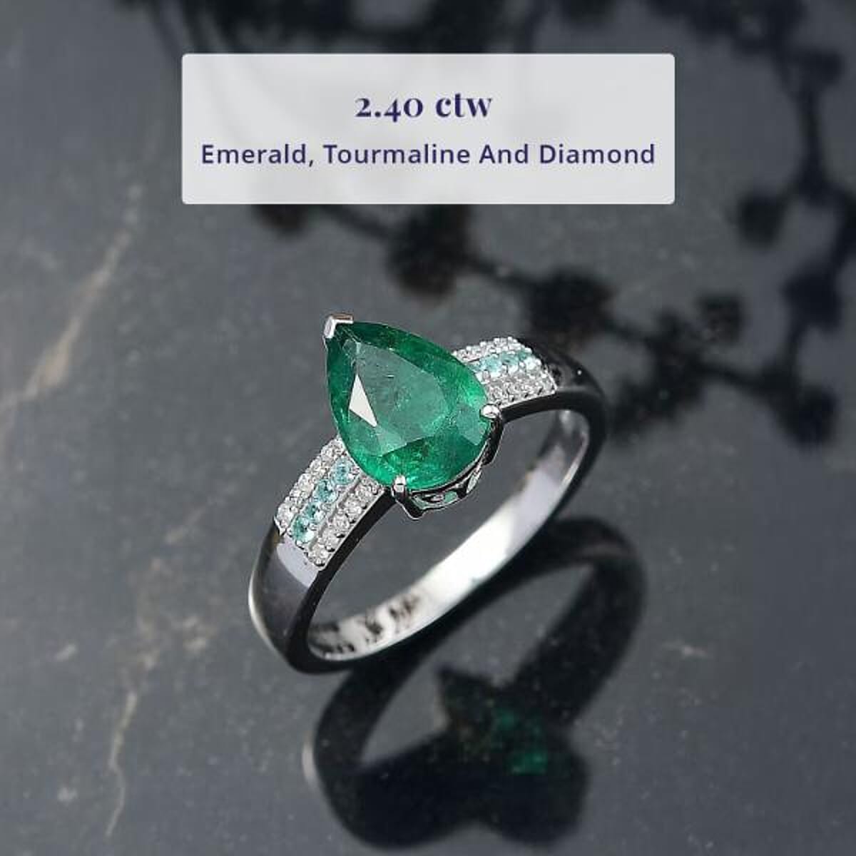 Luxoro AAA Premium Emerald, Paraiba Tourmaline and Diamond I2 2.40 ctw Ring in 10K White Gold (Size 7.5) image number 2