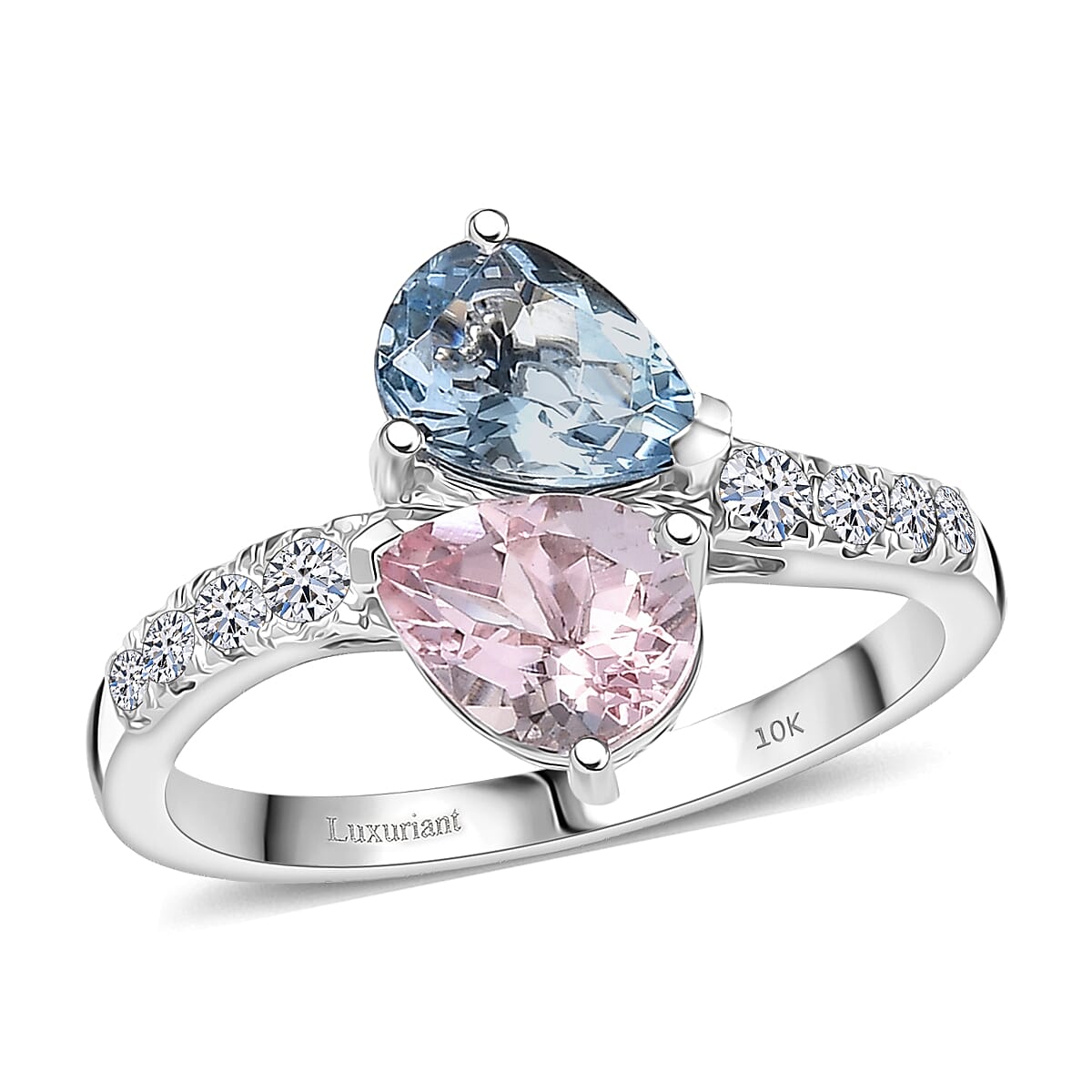 Doorbuster Certified & Appraised Mangoro Aquamarine and Palmeiras Pink Morganite, Luxuriant Diamond G-H SI 2.25 ctw Bypass Ring in 10K White Gold (Size 10.0) image number 0