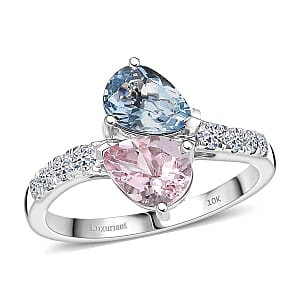 Doorbuster Certified & Appraised Mangoro Aquamarine and Palmeiras Pink Morganite, Luxuriant Diamond G-H SI 2.25 ctw Bypass Ring in 10K White Gold (Size 10.0)