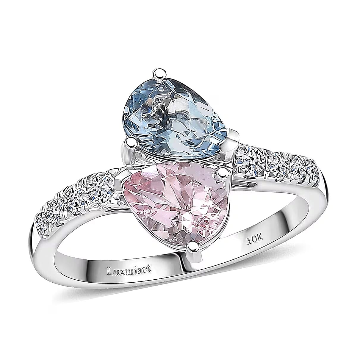 Certified AAA Mangoro Aquamarine, Palmeiras Pink Morganite, Diamond Bypass Ring in 10K White Gold 2.25 ctw (Size 5.0) image number 0