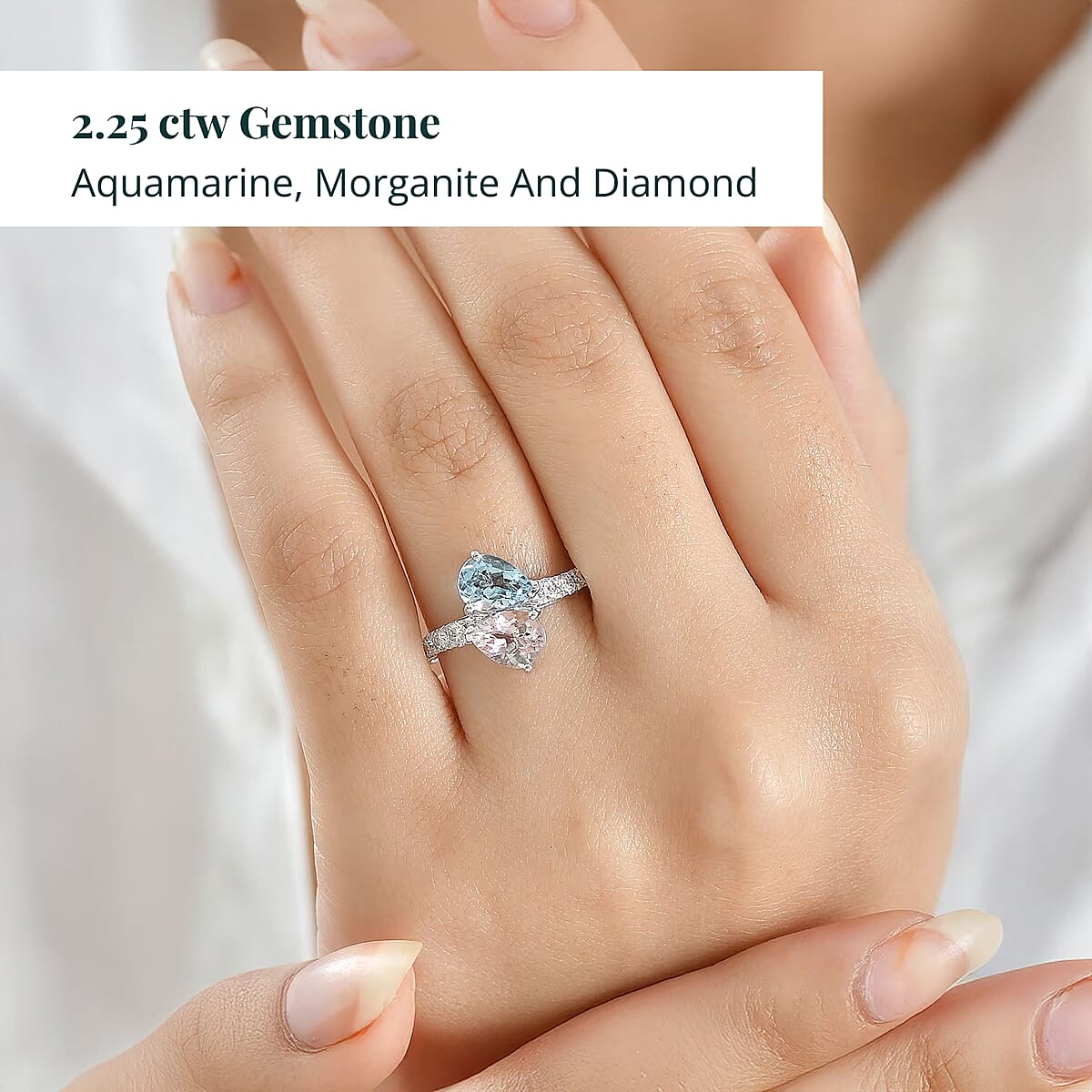 Certified AAA Mangoro Aquamarine, Palmeiras Pink Morganite, Diamond Bypass Ring in 10K White Gold 2.25 ctw (Size 5.0) image number 1