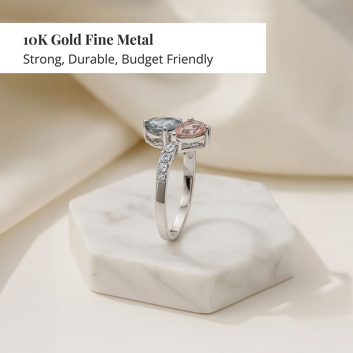 Certified AAA Mangoro Aquamarine, Palmeiras Pink Morganite, Diamond Bypass Ring in 10K White Gold 2.25 ctw (Size 5.0) image number 2