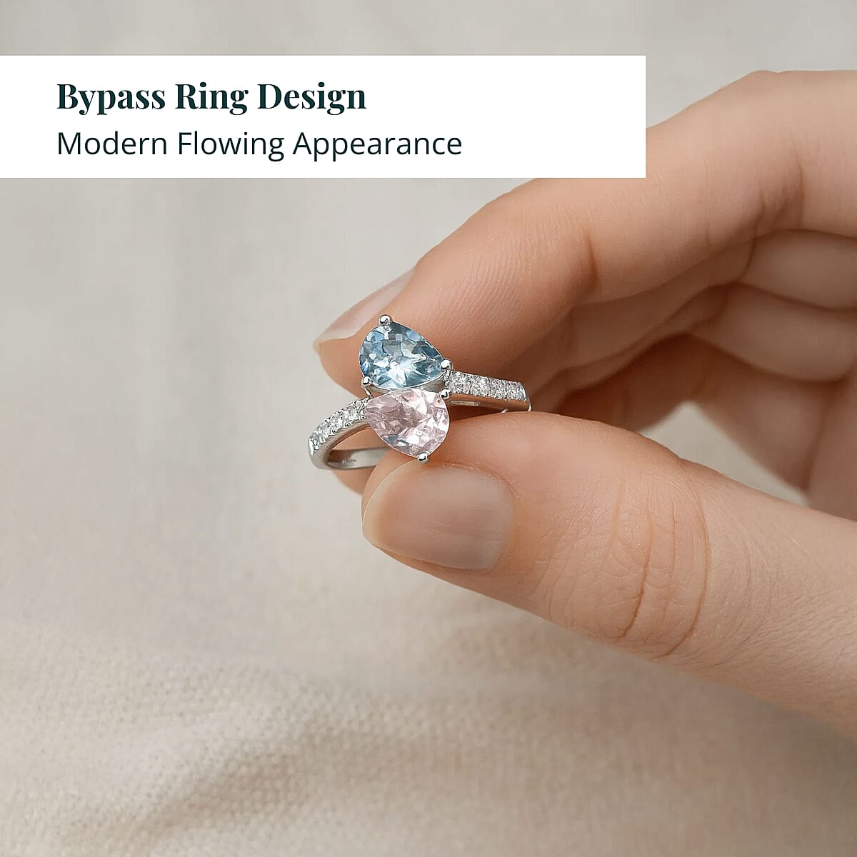 Certified AAA Mangoro Aquamarine, Palmeiras Pink Morganite, Diamond Bypass Ring in 10K White Gold 2.25 ctw (Size 5.0) image number 4