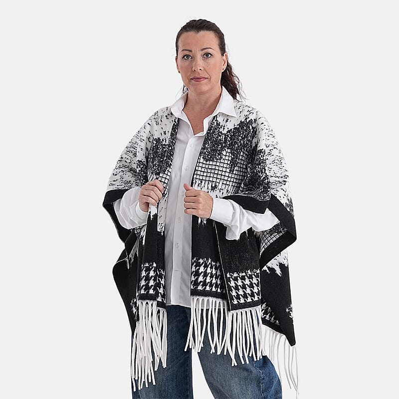 La Marey Black with White Pattern Tassel Poncho