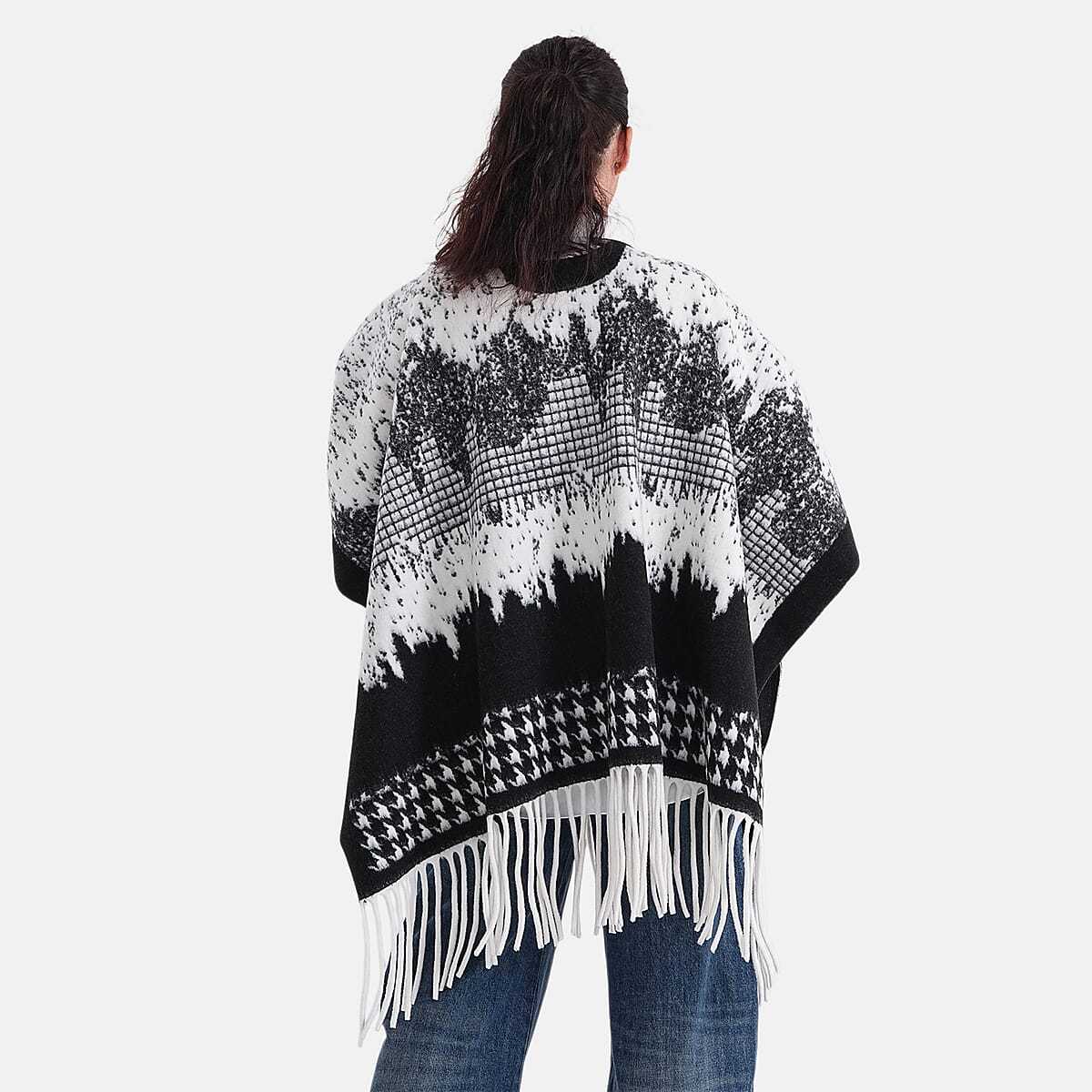 La Marey Beige with Blue Pattern Poncho (27.56"x78.74") image number 1