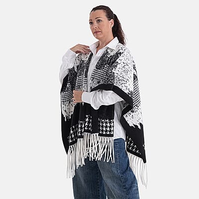 La Marey Black with White Pattern Tassel Poncho