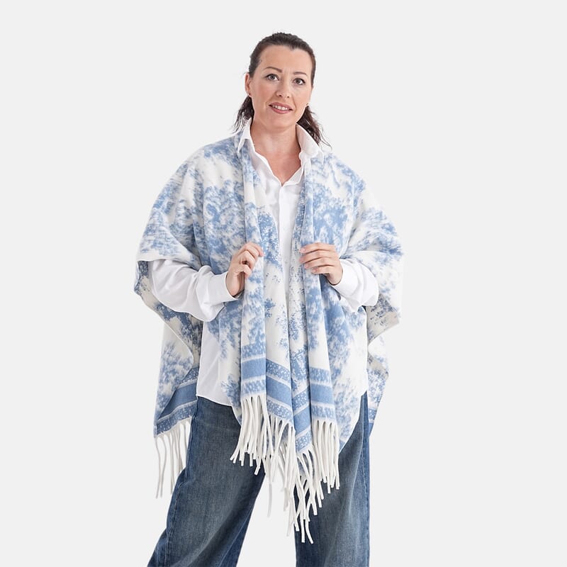 La Marey Light Blue with White Pattern Tassel Poncho
