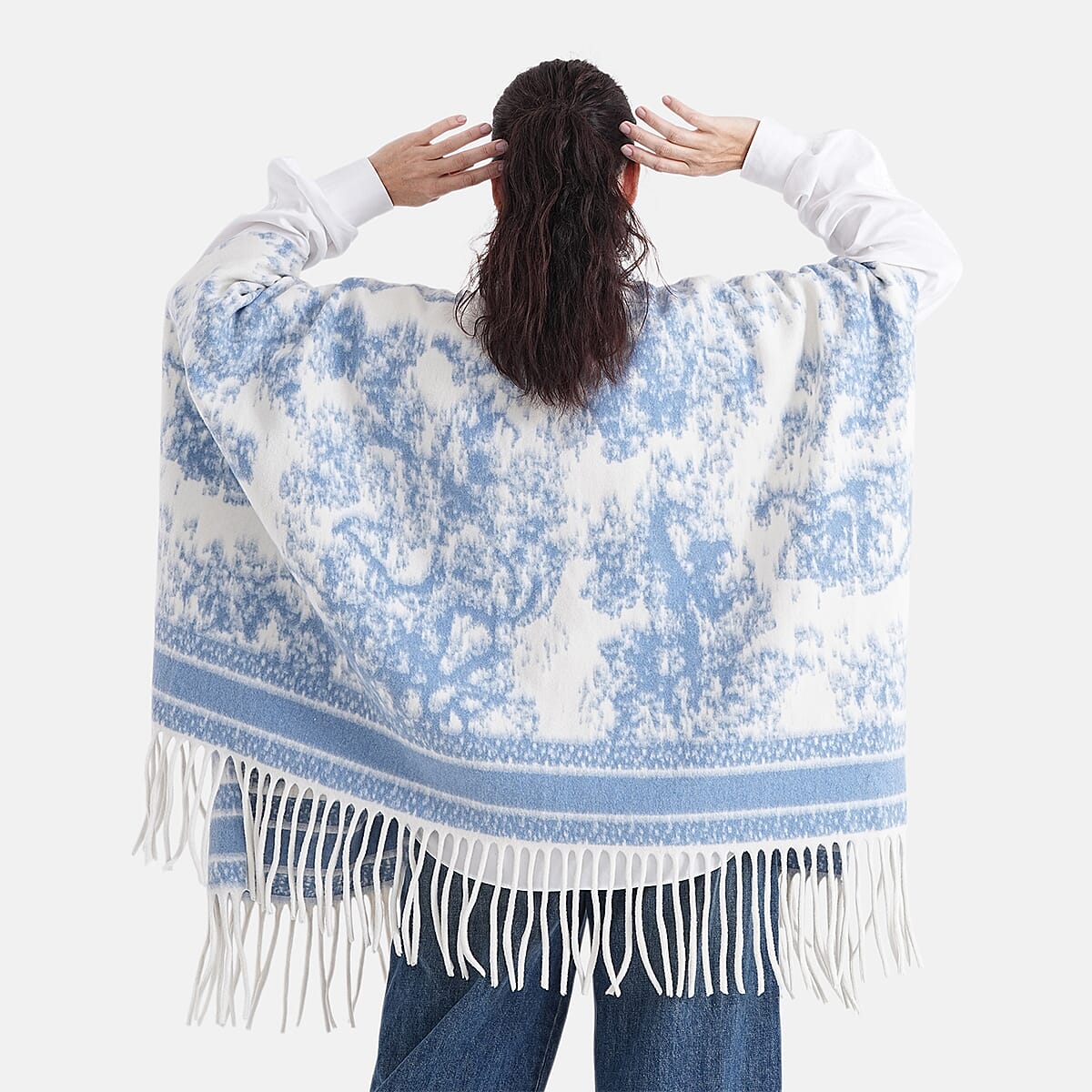 La Marey Beige with Light Blue Pattern Tassel Poncho image number 1