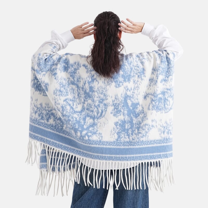 La Marey Light Blue with White Pattern Tassel Poncho