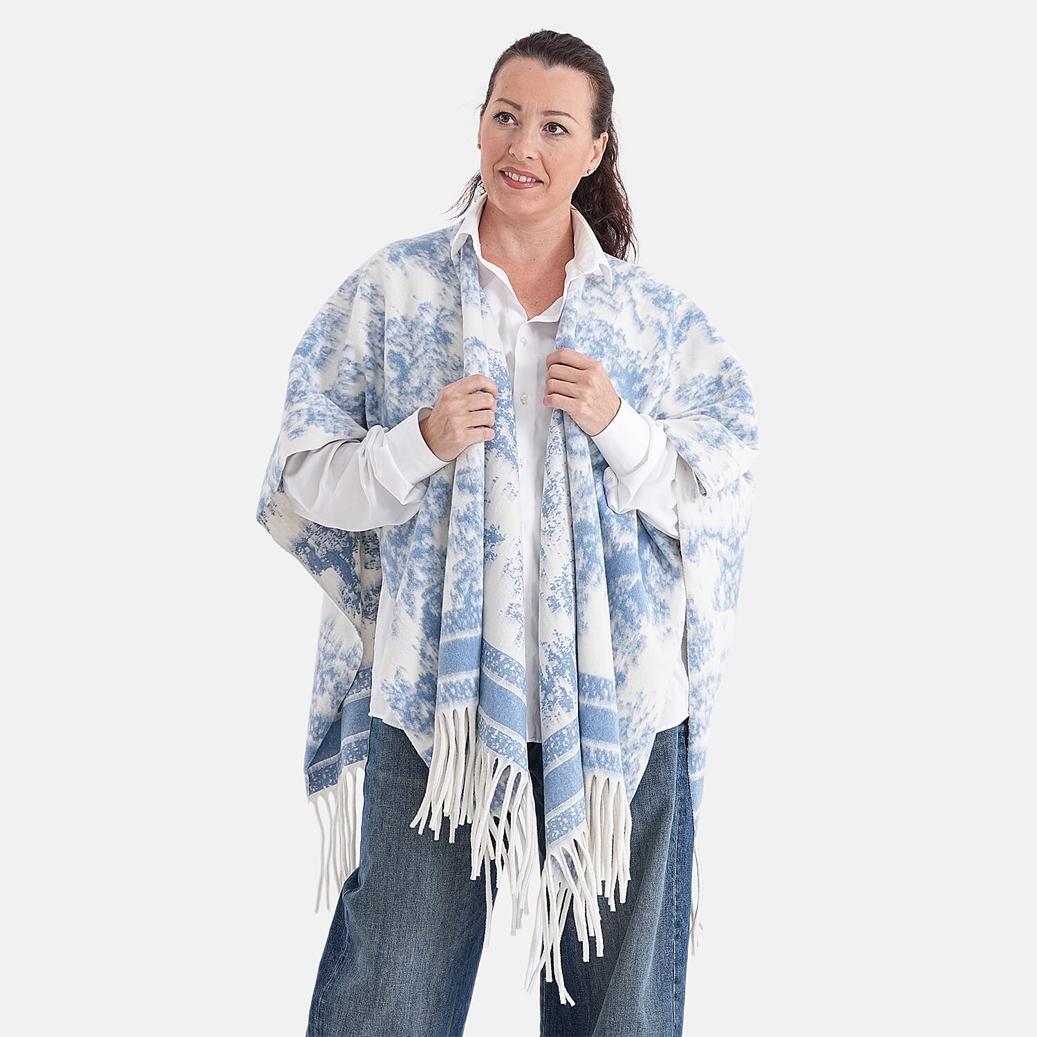 La Marey Light Blue with White Pattern Tassel Poncho