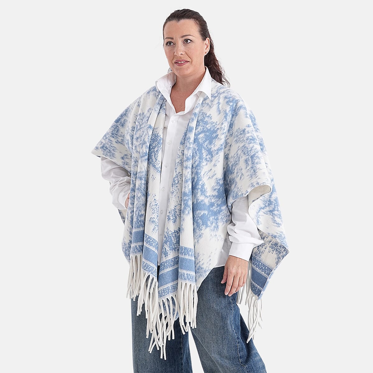 La Marey Beige with Light Blue Pattern Tassel Poncho image number 3
