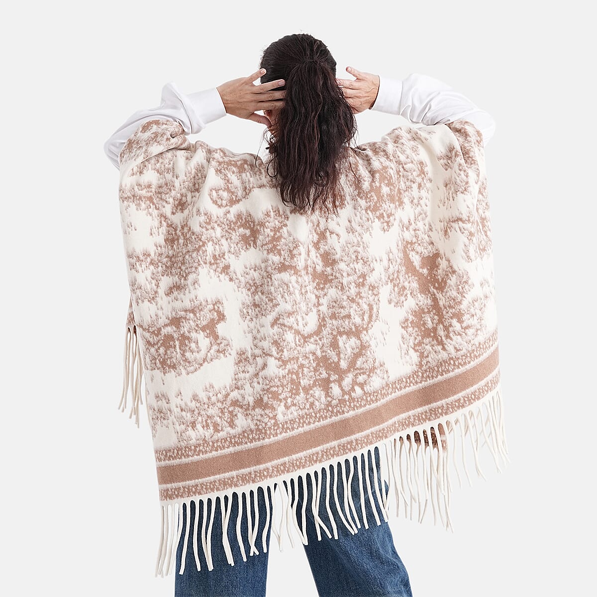 La Marey Beige with Brown Pattern Tassel Poncho image number 1