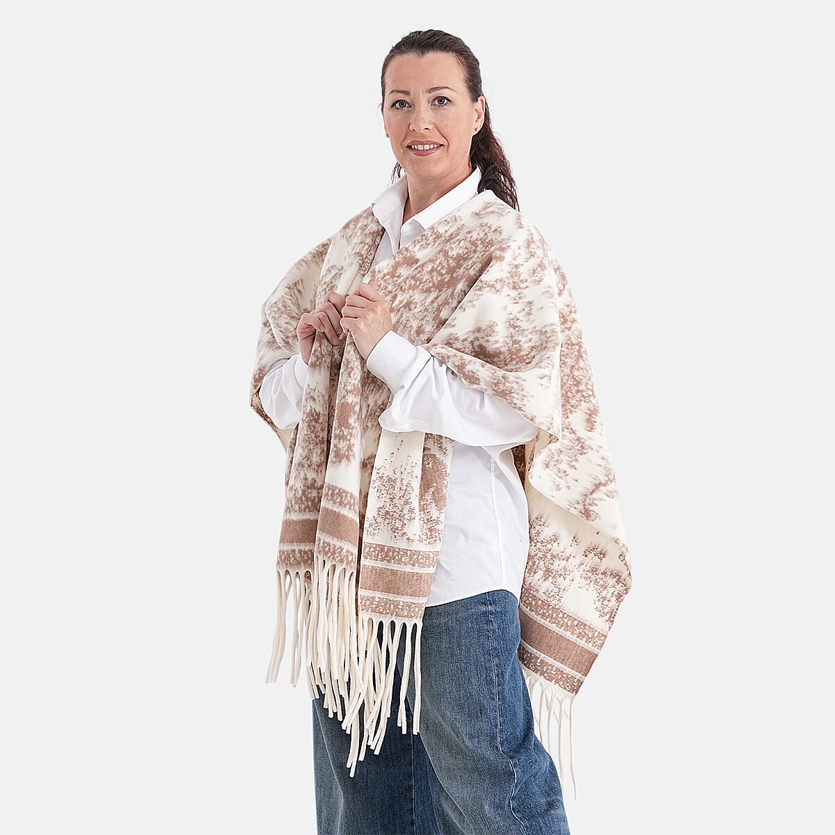 La Marey Beige with Brown Pattern Tassel Poncho image number 2