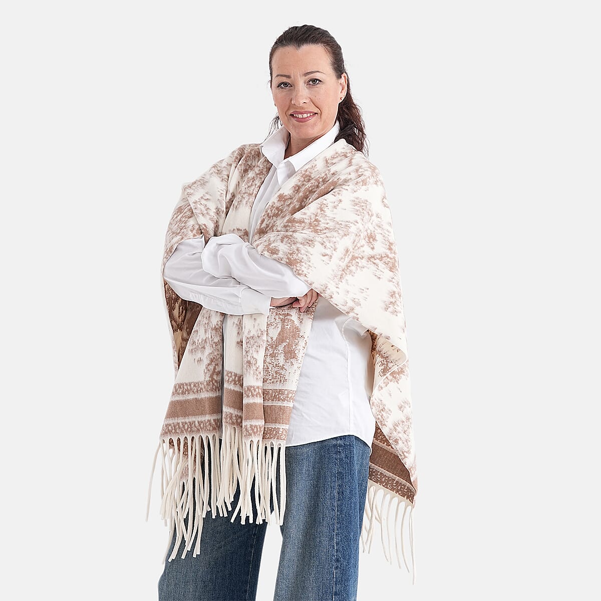 La Marey Beige with Brown Pattern Tassel Poncho image number 3