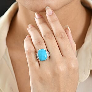 D'Joy Sleeping Beauty Turquoise, Diamond Ballerina Ring in Rhodium Over Sterling Silver 8.30 ctw (Size 6.0)