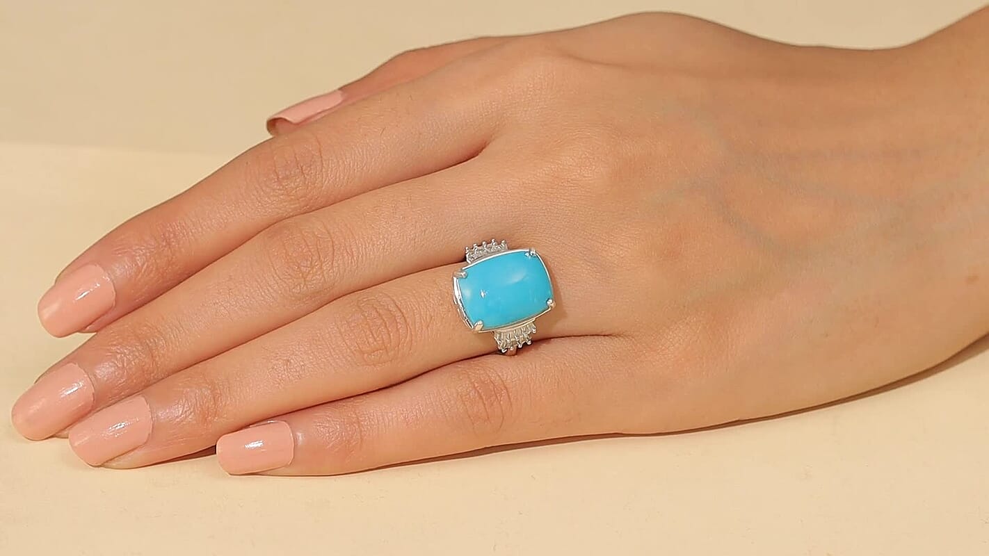 D'Joy Premium Sleeping Beauty Turquoise, Diamond (0.17 cts) Ring in Rhodium Over Sterling Silver (Size 6.0) 8.30 ctw