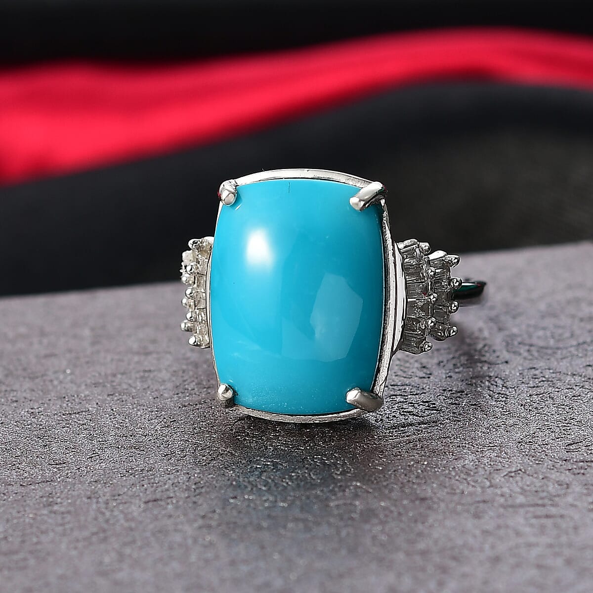 D'Joy Premium Sleeping Beauty Turquoise and Diamond 8.30 ctw Ballerina Ring in Rhodium Over Sterling Silver (Size 7.0) (Del. in 7-10 Days)  image number 1