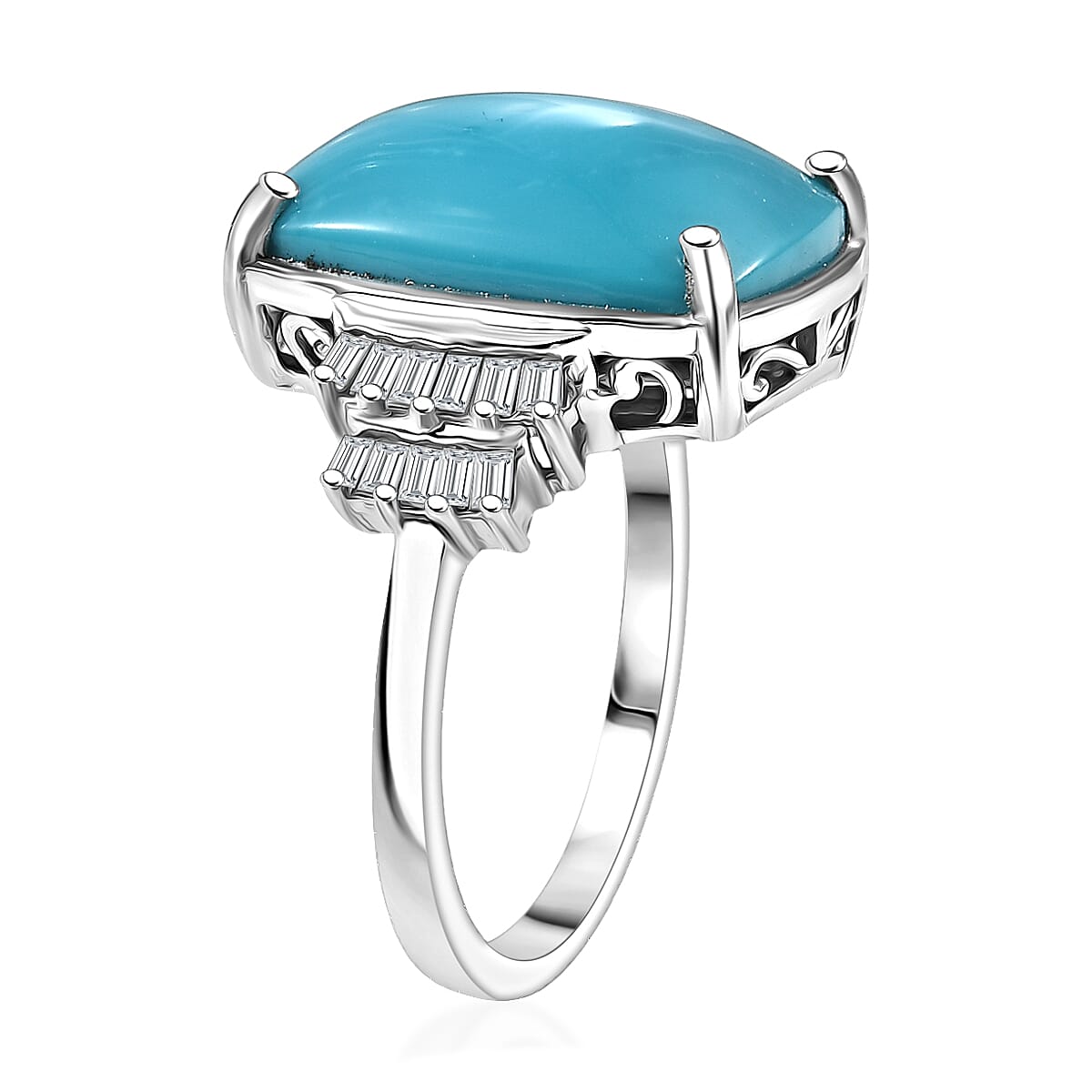 D'Joy Premium Sleeping Beauty Turquoise and Diamond 8.30 ctw Ballerina Ring in Rhodium Over Sterling Silver (Size 7.0) (Del. in 7-10 Days)  image number 3