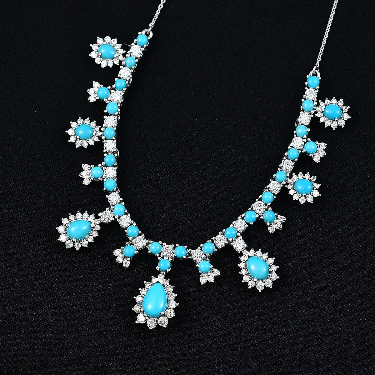 D'Joy Premium Sleeping Beauty Turquoise and Moissanite 11.80 ctw Victorian Empress Necklace in Rhodium Over Sterling Silver 18-20 Inches image number 1