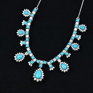 D'Joy  Sleeping Beauty Turquoise, Moissanite Neckalce in Rhodium Over Sterling Silver 11.80 ctw (18- 20 Inches)