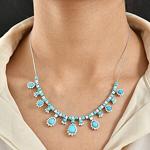 D'Joy  Sleeping Beauty Turquoise, Moissanite Neckalce in Rhodium Over Sterling Silver 11.80 ctw (18- 20 Inches)