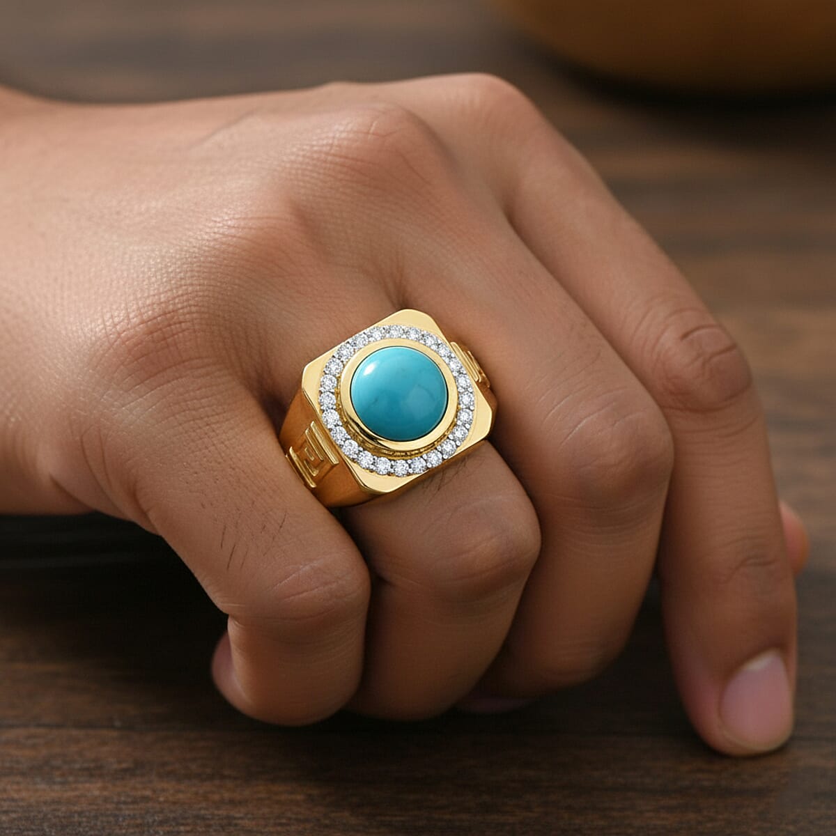 D'Joy AAA Sleeping Beauty Turquoise and Moissanite 3.10 ctw Men's Ring in 18K Vermeil Yellow Gold Over Sterling Silver (Size 10.0) (Del. in 7-10 Days)  image number 2