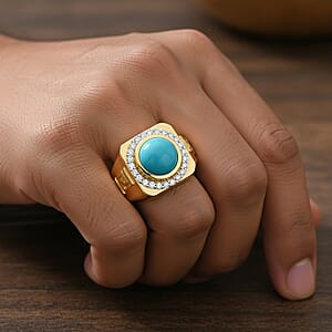 D'Joy AAA Sleeping Beauty Turquoise, Moissanite Men's Ring in 18K Vermeil YG Over Sterling Silver 3.10 ctw (Size 10.0)