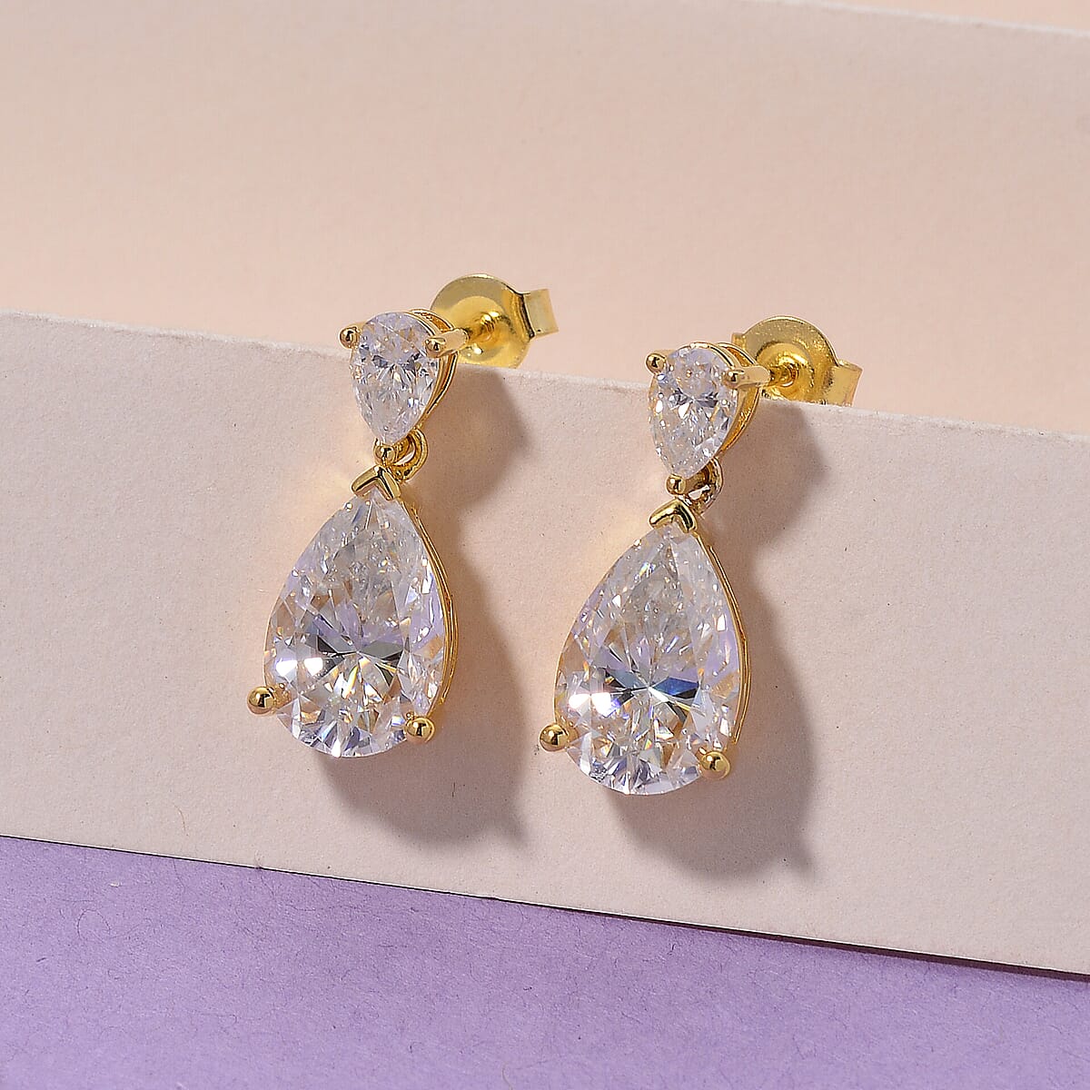  D'Joy Moissanite (Pear 12x8mm) Tear Drop  Earrings in 18K Vermeil YG Over Sterling Silver 6.60 ctw image number 1