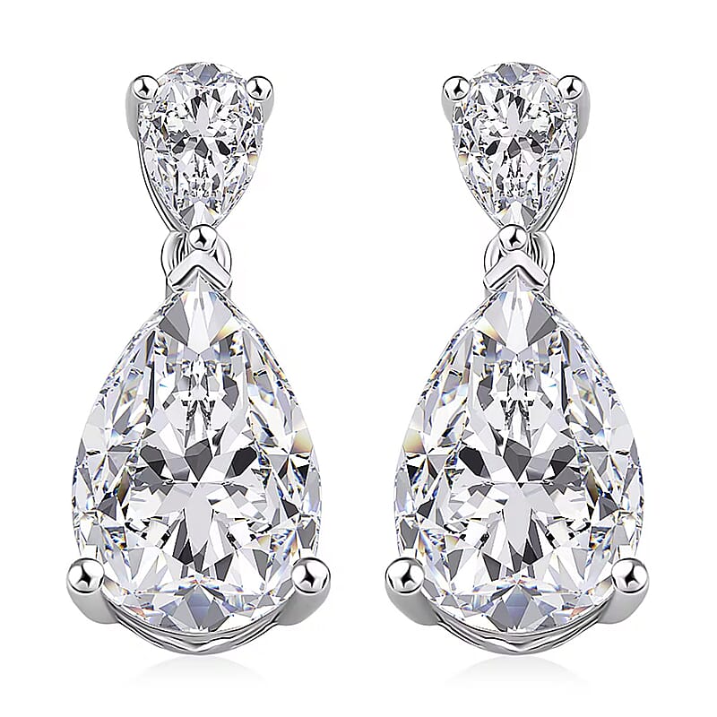  D'Joy Moissanite 6.60 ctw Celebrity Glam Tear Drop Earrings in Rhodium Over Sterling Silver