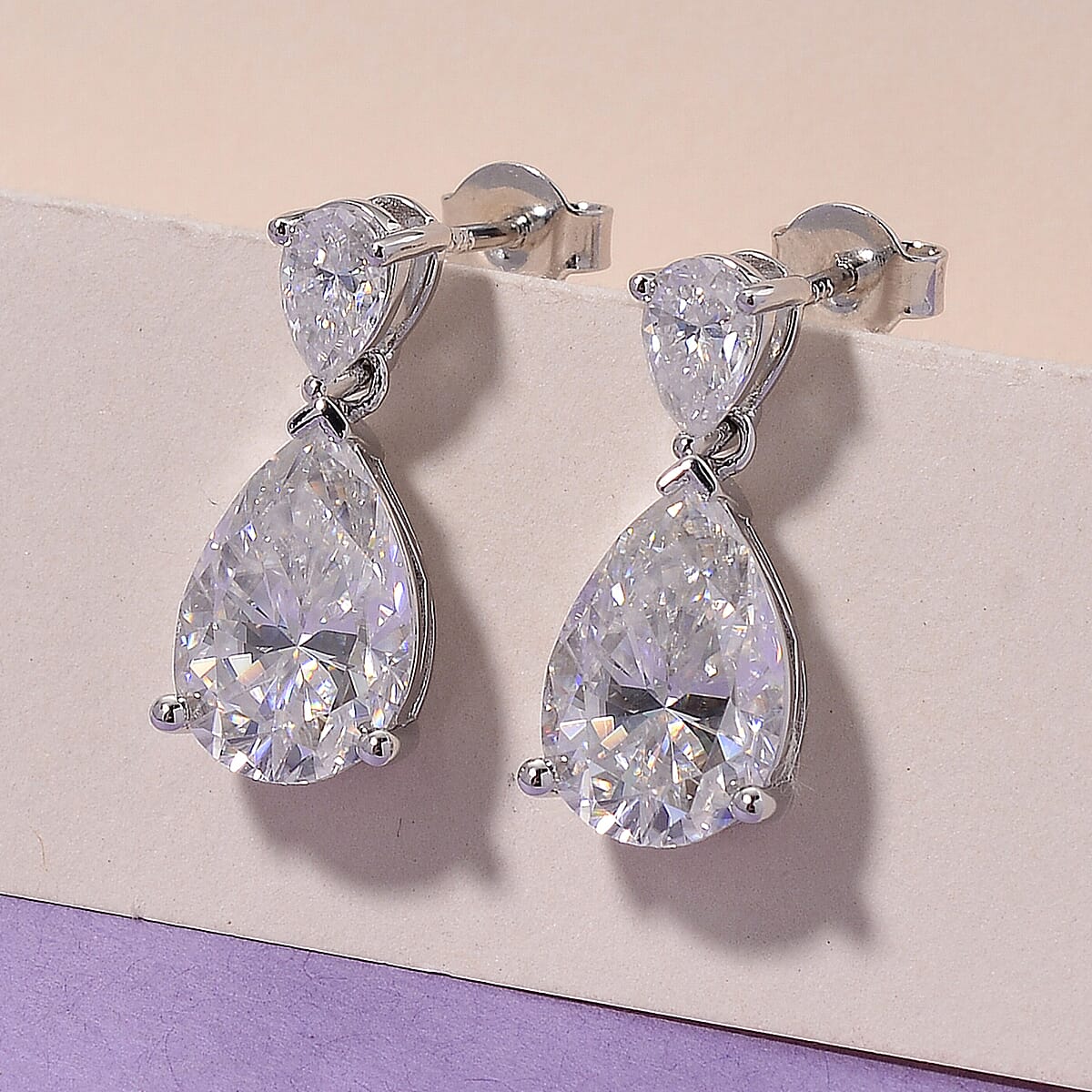 Doorbuster D'Joy Moissanite 6.60 ctw Celebrity Glam Tear Drop Earrings in Rhodium Over Sterling Silver image number 1
