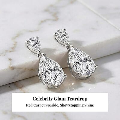  D'Joy Moissanite 6.60 ctw Celebrity Glam Tear Drop Earrings in Rhodium Over Sterling Silver