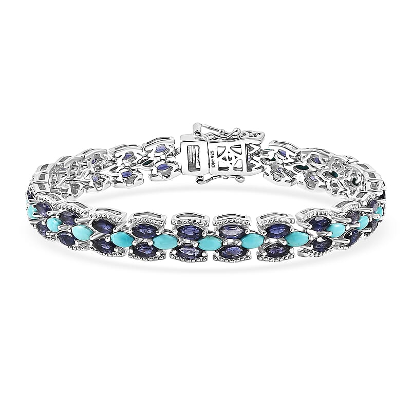 D'Joy Premium Sleeping Beauty Turquoise and Catalina Iolite 9.25 ctw Blue Majesty Bracelet in Rhodium Over Sterling Silve (7.25 In)