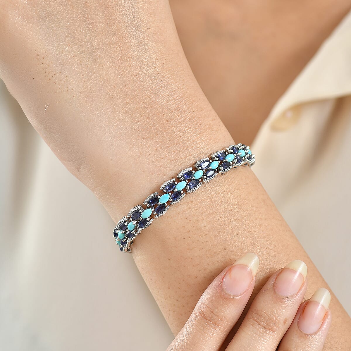 D'Joy Premium Sleeping Beauty Turquoise and Catalina Iolite 9.25 ctw Blue Majesty Bracelet in Rhodium Over Sterling Silve (7.25 In) image number 2