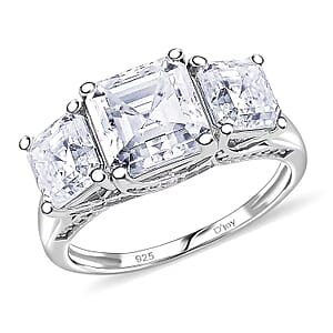 Doorbuster D'Joy Asscher Cut Moissanite 5.90 ctw Eternal Trinity Ring in Rhodium Over Sterling Silver (Size 10.0)