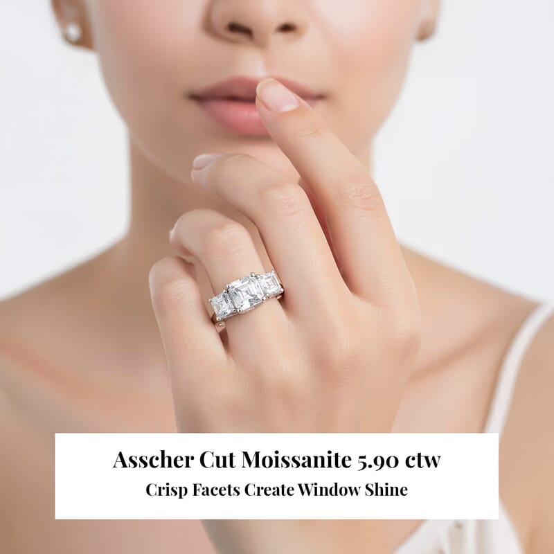 D'Joy  Asscher Cut Moissanite Trinity Ring in Rhodium Over Sterling Silver 5.90 ctw (Size 10.0)