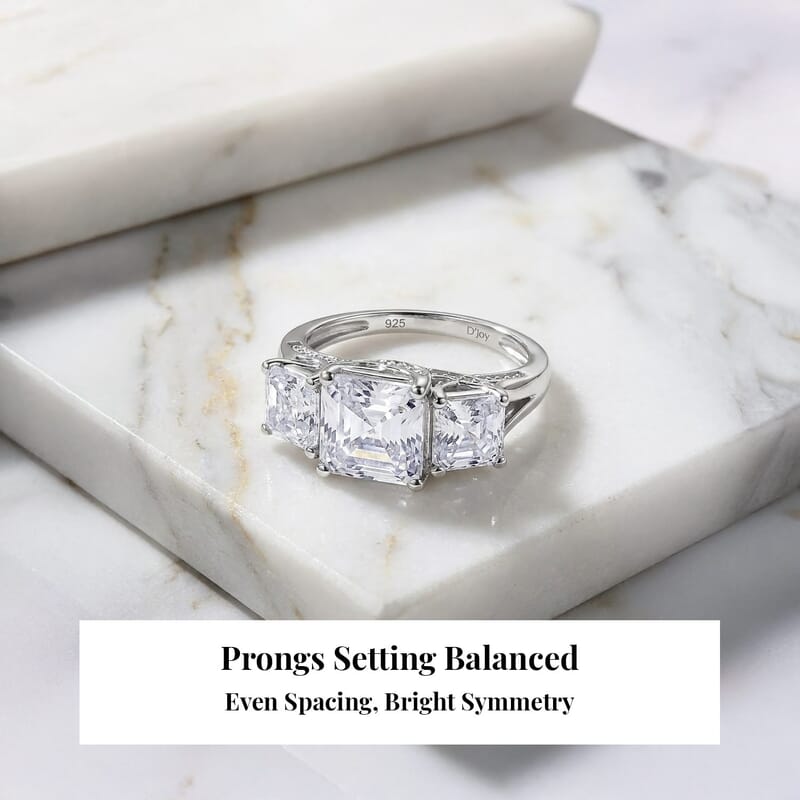 D'Joy  Asscher Cut Moissanite Trinity Ring in Rhodium Over Sterling Silver 5.90 ctw (Size 10.0)