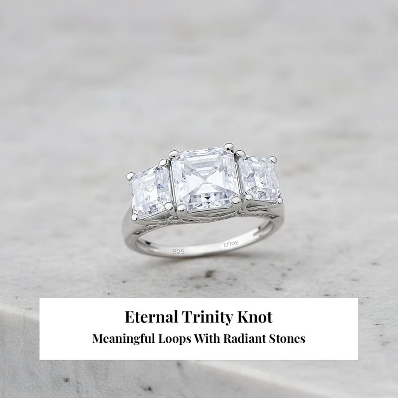 D'Joy  Asscher Cut Moissanite Trinity Ring in Rhodium Over Sterling Silver 5.90 ctw (Size 10.0)