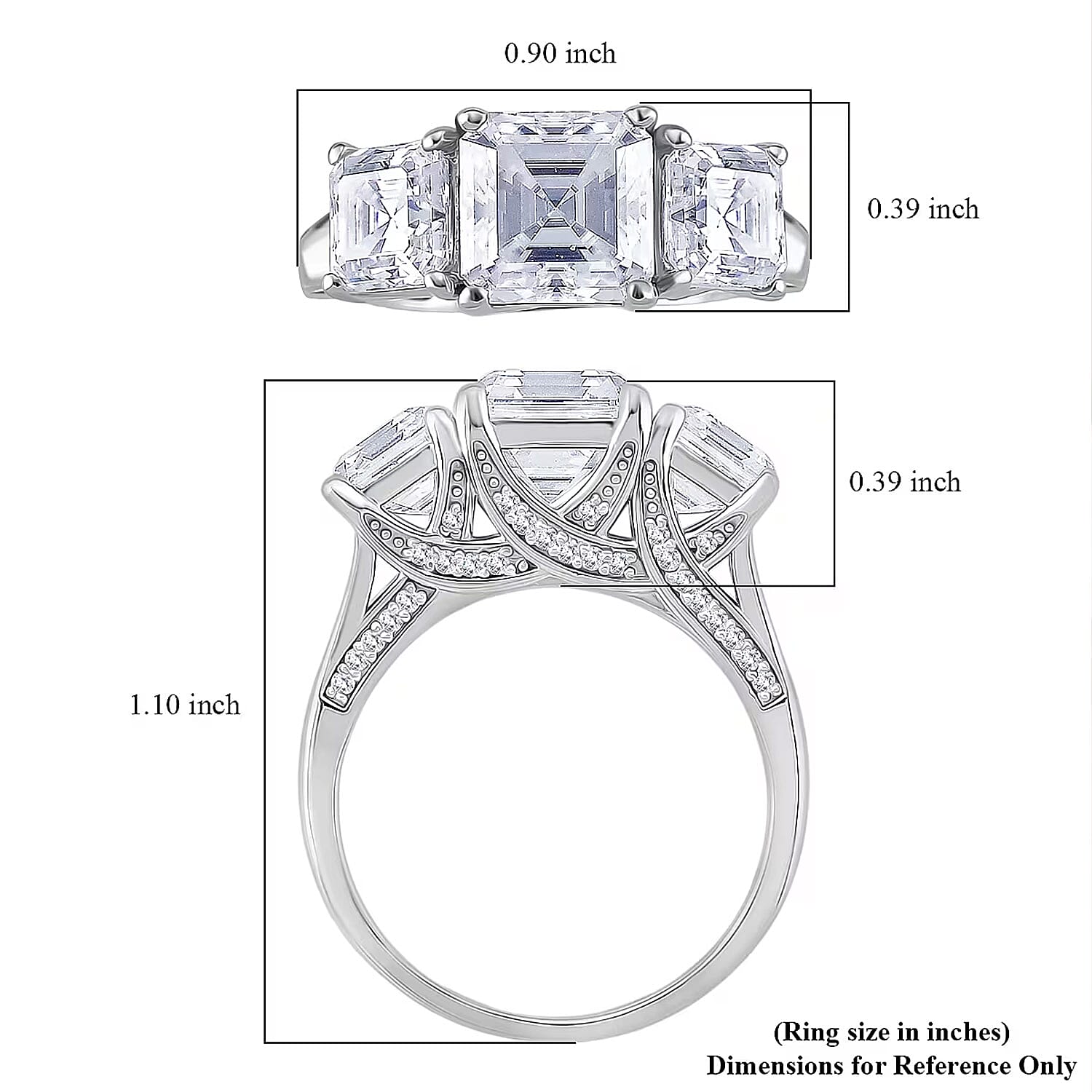D'Joy  Asscher Cut Moissanite Trinity Ring in Rhodium Over Sterling Silver 5.90 ctw (Size 10.0)