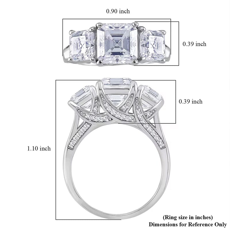 D'Joy  Asscher Cut Moissanite Trinity Ring in Rhodium Over Sterling Silver 5.90 ctw (Size 10.0)