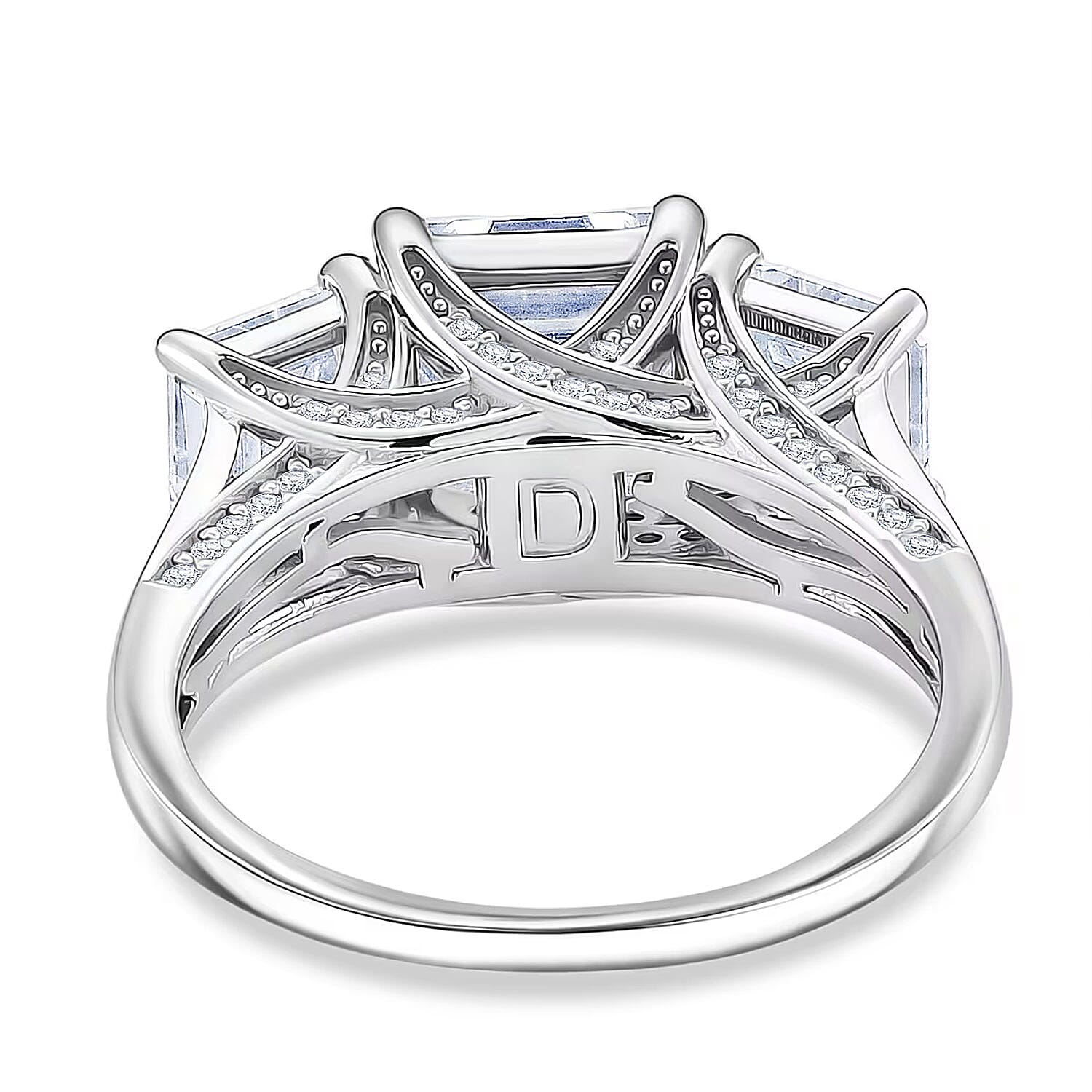 D'Joy  Asscher Cut Moissanite Trinity Ring in Rhodium Over Sterling Silver 5.90 ctw (Size 10.0)