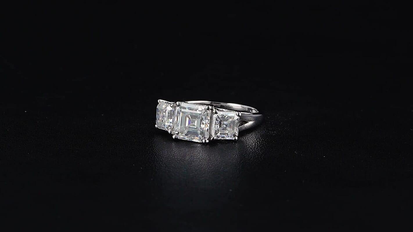 D'Joy Asscher Cut Moissanite (8x8mm) Eternal Trinity Ring in Rhodium Over Sterling Silver (Size 10.0) 4.90 ctw