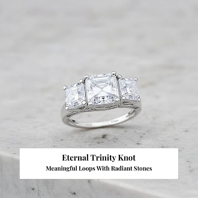 D'Joy  Asscher Cut Moissanite Trinity Ring in Rhodium Over Sterling Silver 5.90 ctw (Size 6.0)