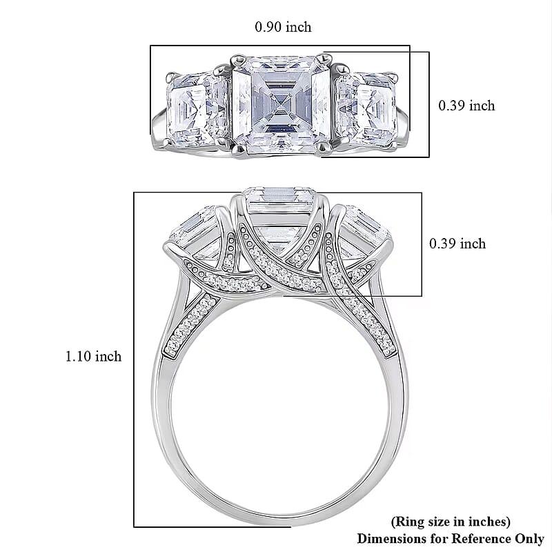 D'Joy  Asscher Cut Moissanite Trinity Ring in Rhodium Over Sterling Silver 5.90 ctw (Size 6.0)