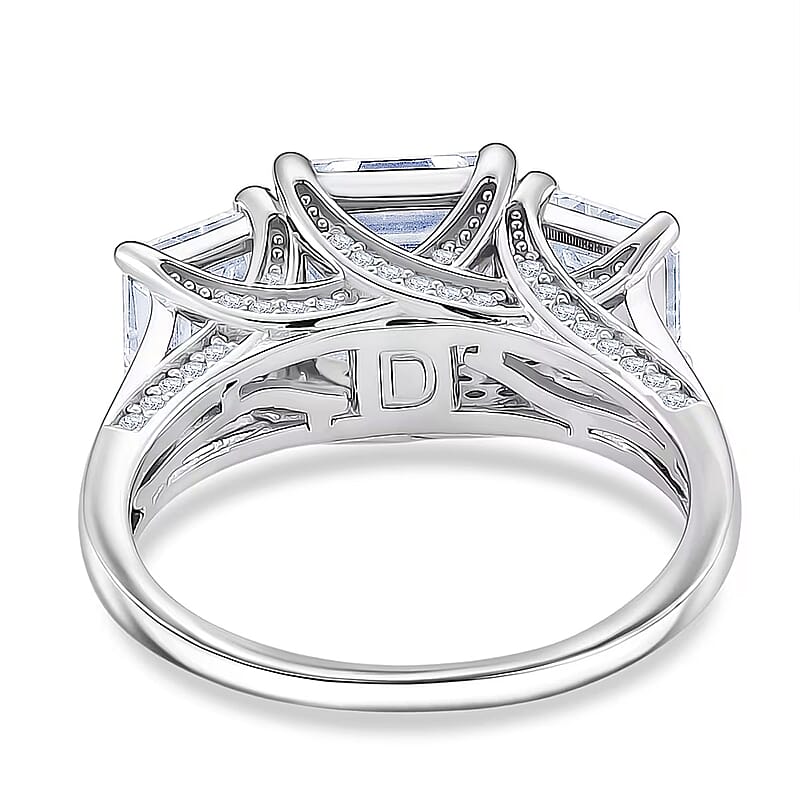 D'Joy  Asscher Cut Moissanite Trinity Ring in Rhodium Over Sterling Silver 5.90 ctw (Size 6.0)