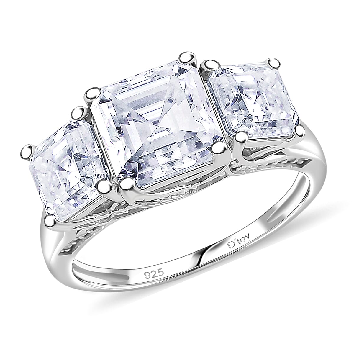 Doorbuster D'Joy Asscher Cut Moissanite 5.90 ctw Eternal Trinity Ring in Rhodium Over Sterling Silver (Size 7.0) image number 0