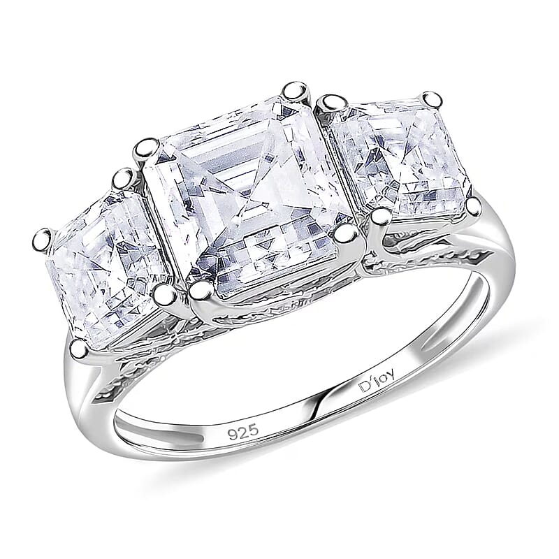 D'Joy Asscher Cut Moissanite 5.90 ctw Eternal Trinity Ring in Rhodium Over Sterling Silver (Size 7.0)