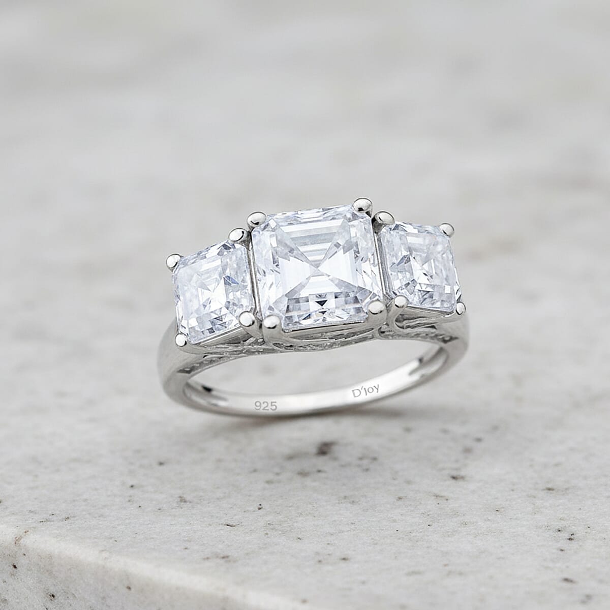 Doorbuster D'Joy Asscher Cut Moissanite 5.90 ctw Eternal Trinity Ring in Rhodium Over Sterling Silver (Size 7.0) image number 1