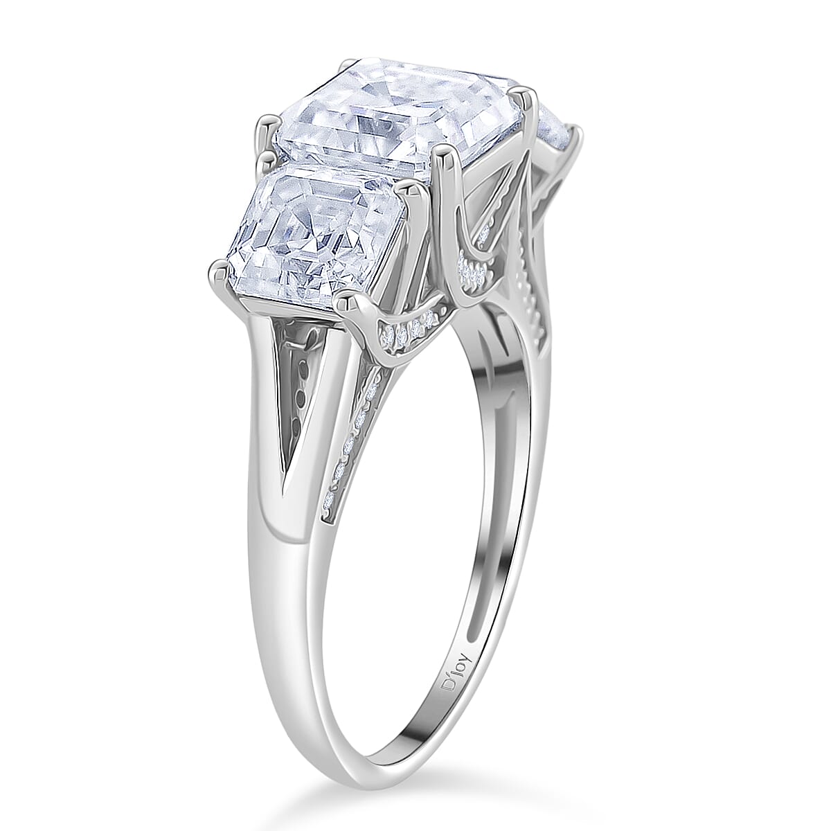 Doorbuster D'Joy Asscher Cut Moissanite 5.90 ctw Eternal Trinity Ring in Rhodium Over Sterling Silver (Size 7.0) image number 3